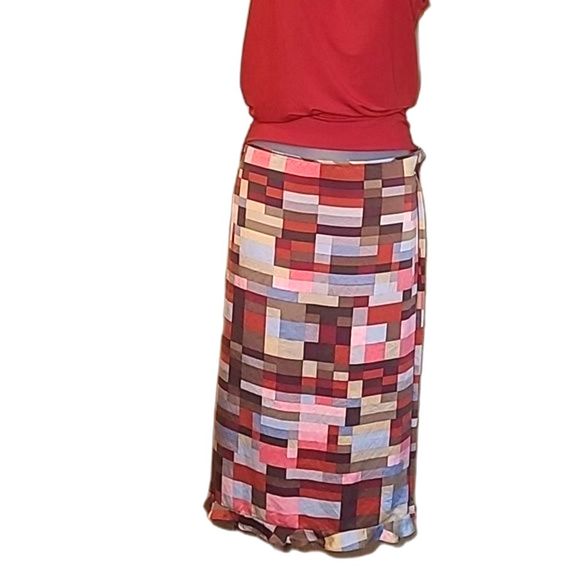 BCBGMaxAzria Straight Silk Long Skirt Below Knee Geometric Patchwork Ruffle Hem - Picture 15 of 16